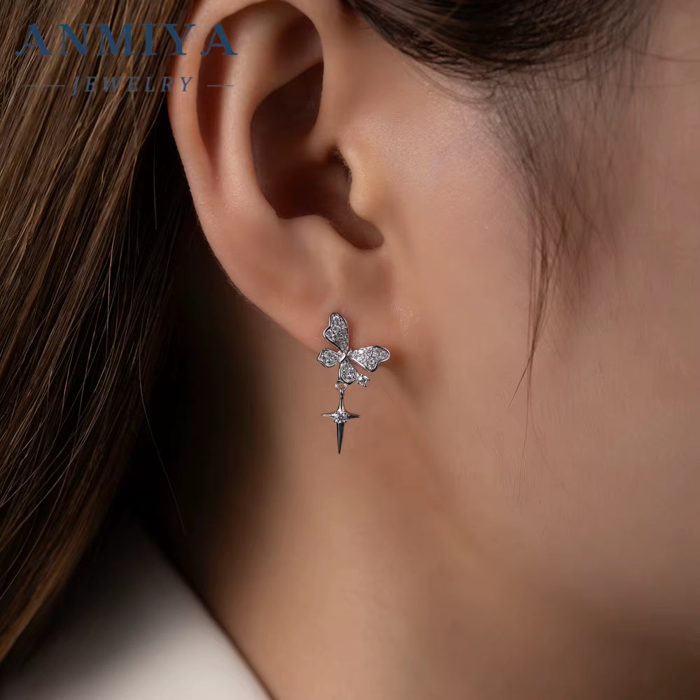 Super Shining Full Zircon Butterfly Stud Earrings 925 Silver Plated Rhinestone Women Earrings for Sweet Girls