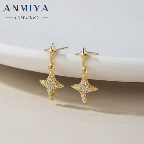 ANMIYA 925 Sterling Silver Fashion Minimalist Star Drop Inlaid 18K Gold Plated Zircon Women Stud Earrings
