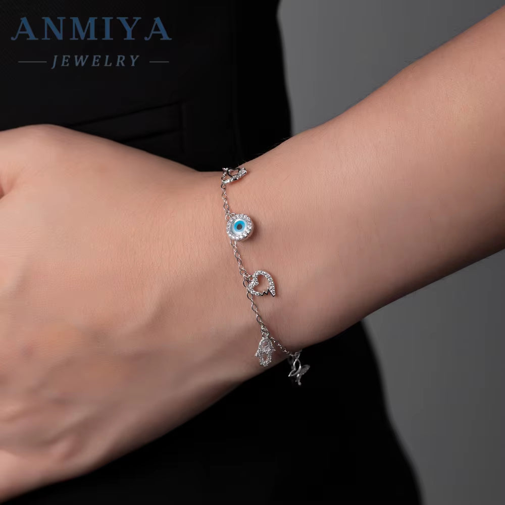 ANMIYA Fashion Jewelry Ladies Fine Jewelry Sterling 925 Silver Bracelet Evil Eyes Butterfly Bangles