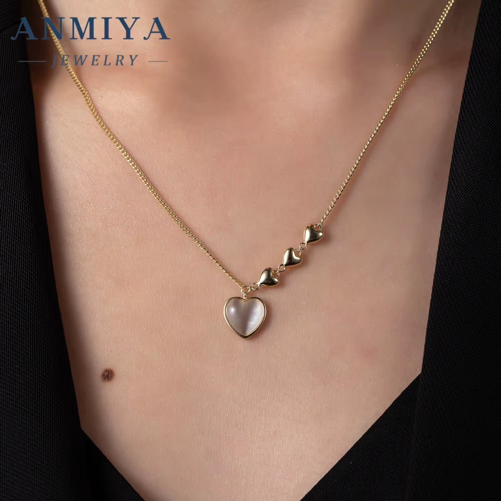 ANMIYA Fashion 925 Sterling Silver Necklace Chalcedony Heart Pendant 18K Gold Heart Pendant Stylish Jewelry Weddings Engagements