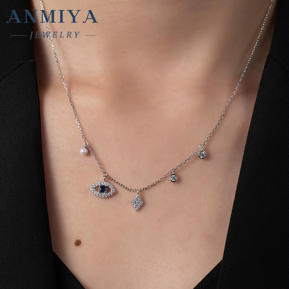 ANMIYA Niche Tassels round Evil Eyes Blue Zircon Fashion Jewelry Necklace for Girls Couple Gift