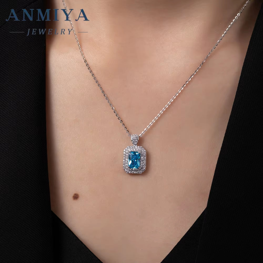 ANMIYA Fine Jewelry 925 Sterling Silver Necklace Vintage Sapphire Zircon Square Necklace Earrings Set Minimalist