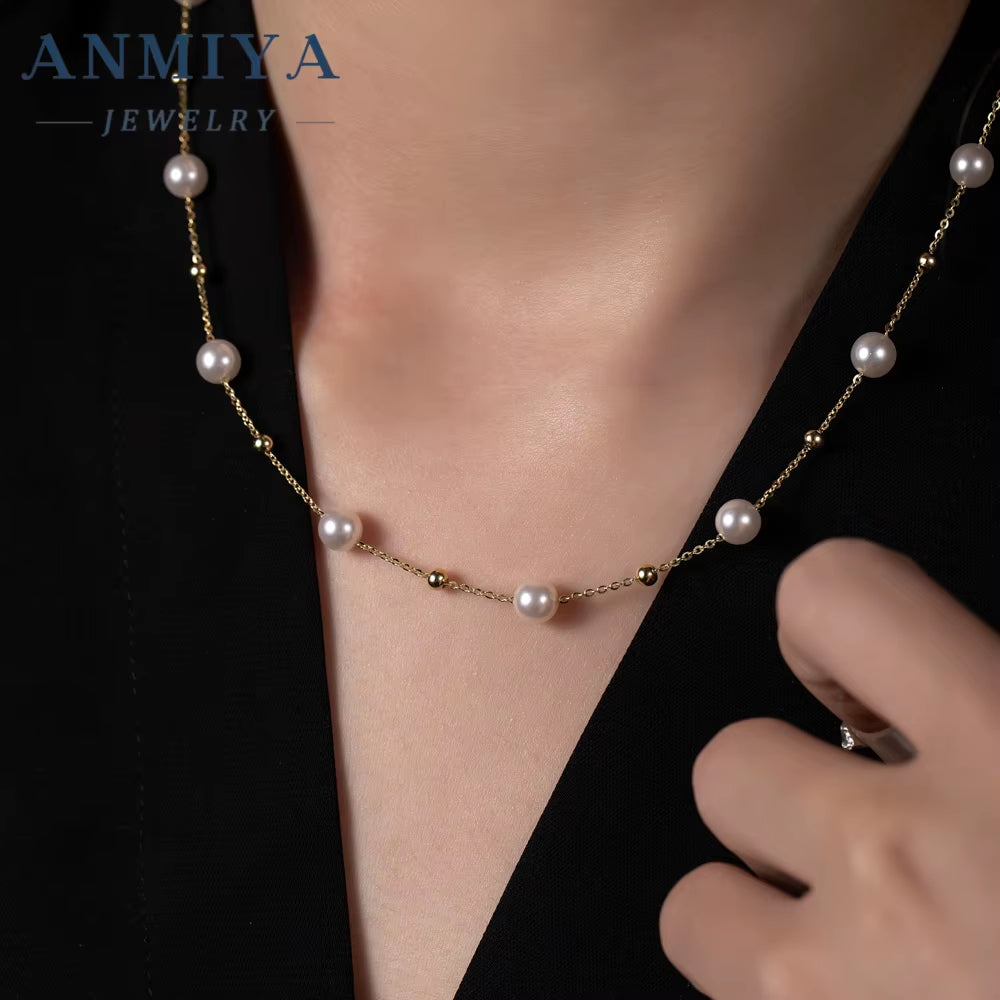 Simple 925 Silver Pearl Charms Necklace Plated Gold Jewelry Link Fresh Water Pearls Necklace for Women Anniversary Gift