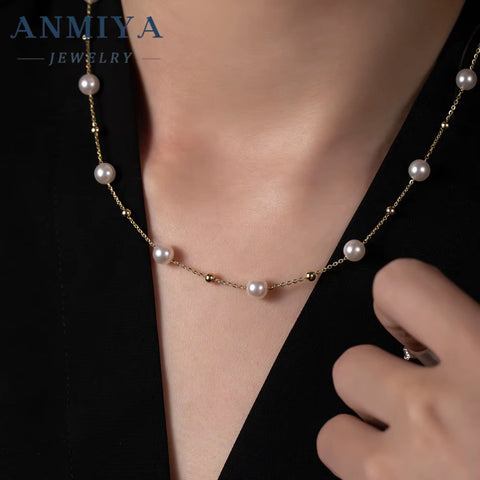 Simple 925 Silver Pearl Charms Necklace Plated Gold Jewelry Link Fresh Water Pearls Necklace for Women Anniversary Gift