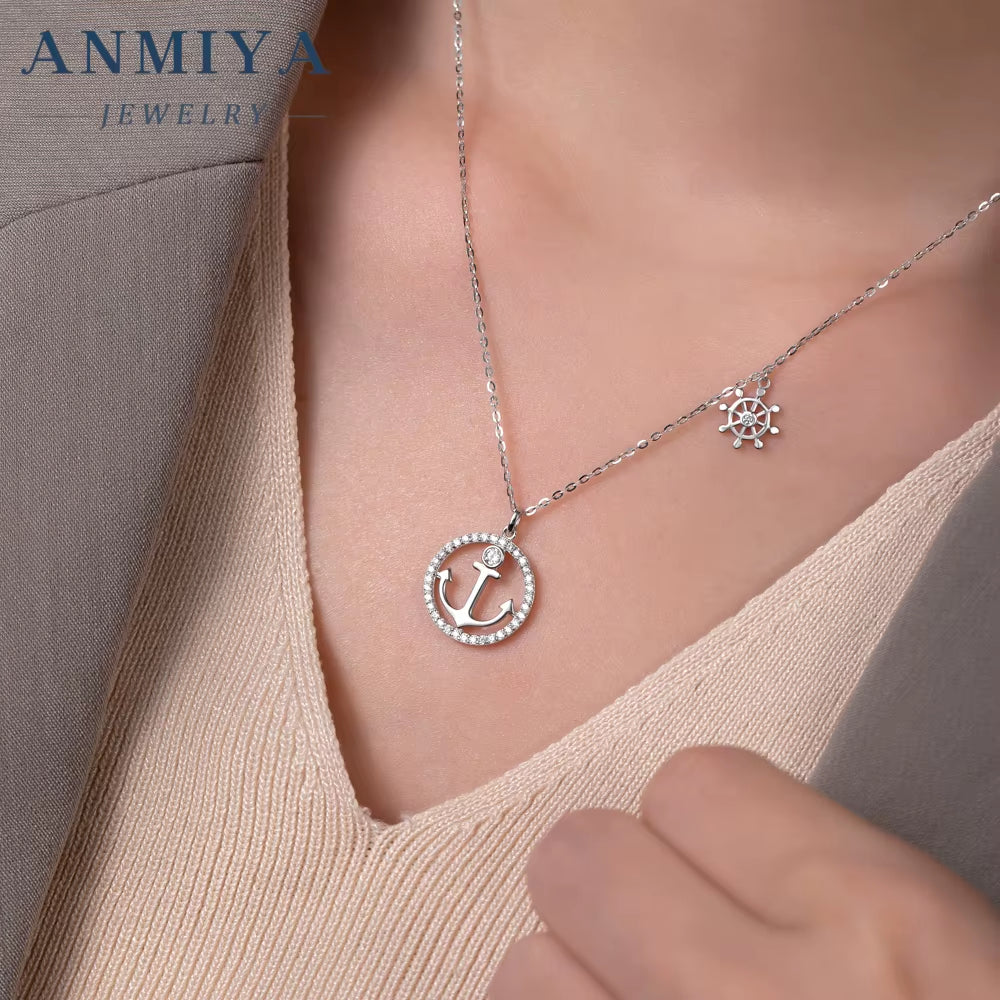 925 Sterling Silver 18K Gold Plated Anchor and Ship Wheel Pendant with Cubic Zirconia Nautical-Inspired Jewelry Necklace