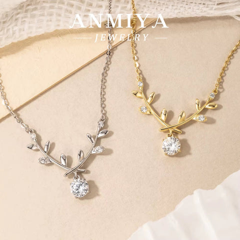 ANMIYA Cubic Zirconia Leaf Shape Women Party Wedding Necklace Set 925 Sterling Silver Dubai Bridal Jewelry
