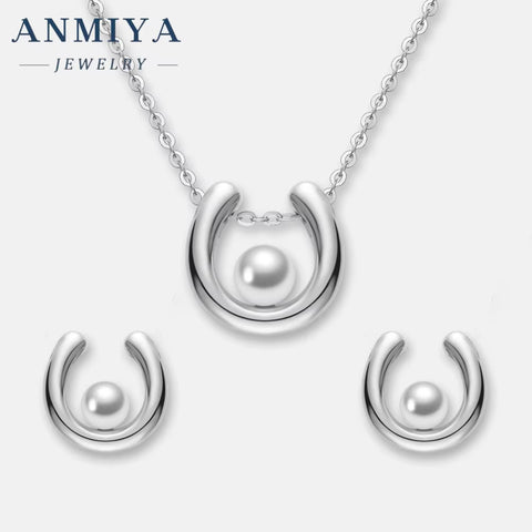 ANMIYA Trendy Best Selling U Shape Freshwater Pearl 18K Gold 925 Silver Necklace and Stud Earrings for Women Formal