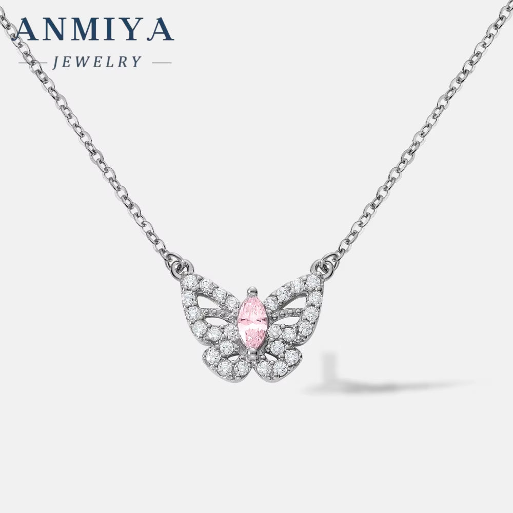 ANMIYA Best Selling Trendy Diamond Necklace 925 Sterling Silver Gifts Women Pink Zirconia Butterfly Necklace