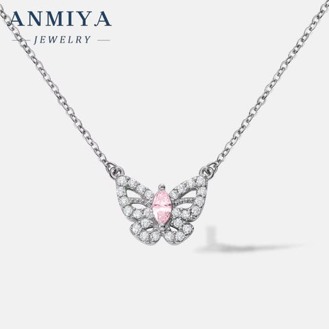 ANMIYA Best Selling Trendy Diamond Necklace 925 Sterling Silver Gifts Women Pink Zirconia Butterfly Necklace