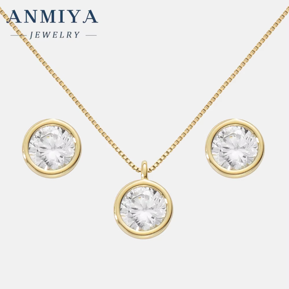 Fine Jewelry Hot Fashion 925 Sterling Silver round White Zircon Pendant Necklace Earrings Set for Women Girls