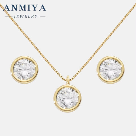 Fine Jewelry Hot Fashion 925 Sterling Silver round White Zircon Pendant Necklace Earrings Set for Women Girls