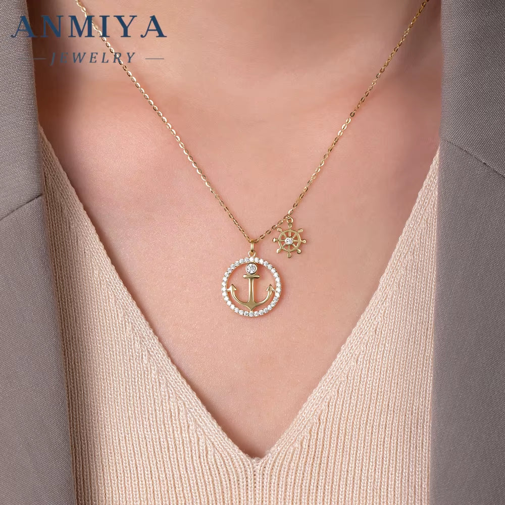925 Sterling Silver 18K Gold Plated Anchor and Ship Wheel Pendant with Cubic Zirconia Nautical-Inspired Jewelry Necklace