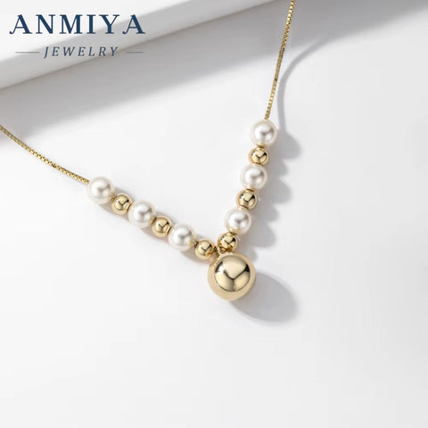 ANMIYA 18K Gold Plated 925 Sterling Silver Chain Beads Necklace Freshwater Cultured Pearl Necklace for Women Girls