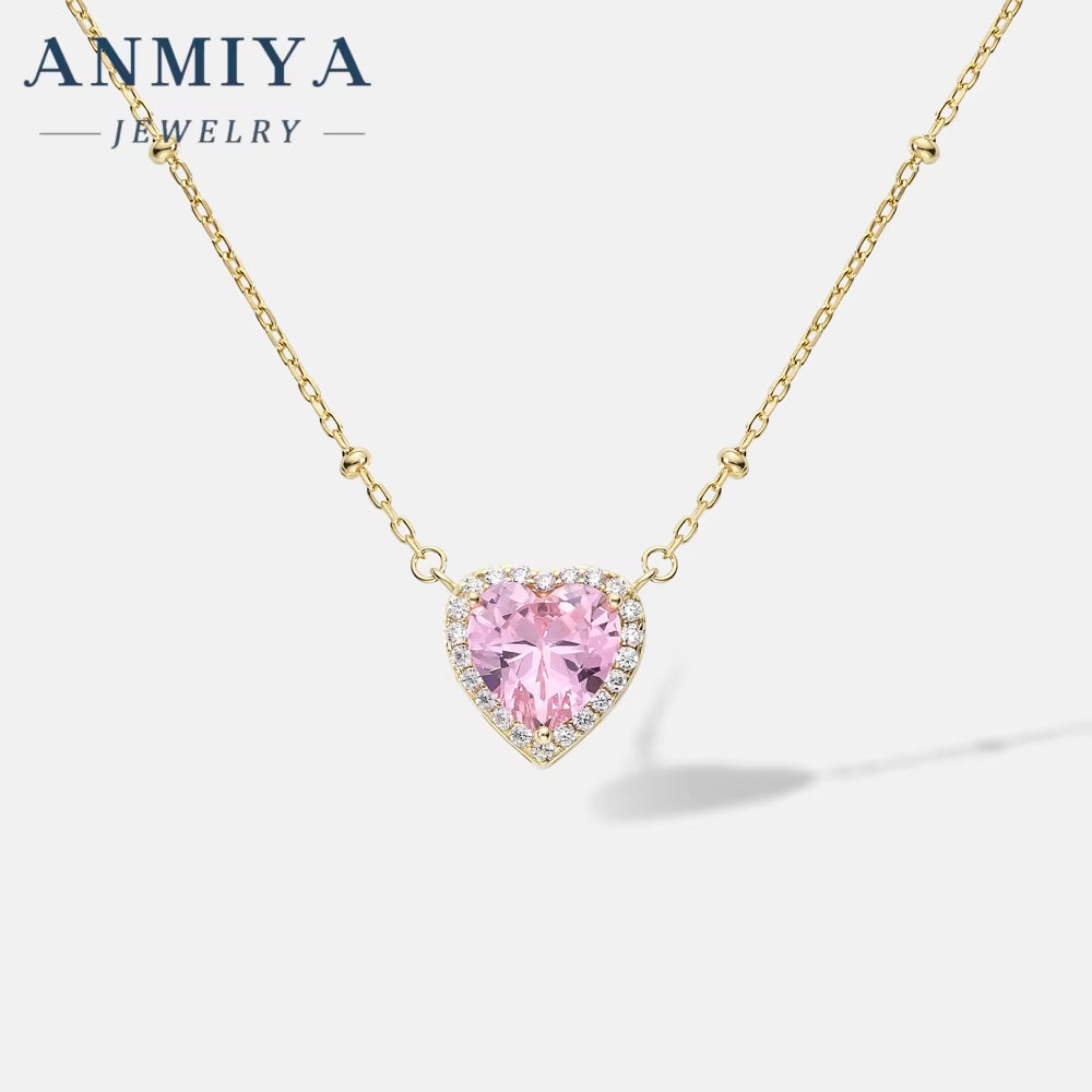 ANMIYA High Quality Pink Pear Ice Cut Heart Shape 925 Silver Jewelry Fashion Wholesale for Bestfriend Jewelry Girlfriend