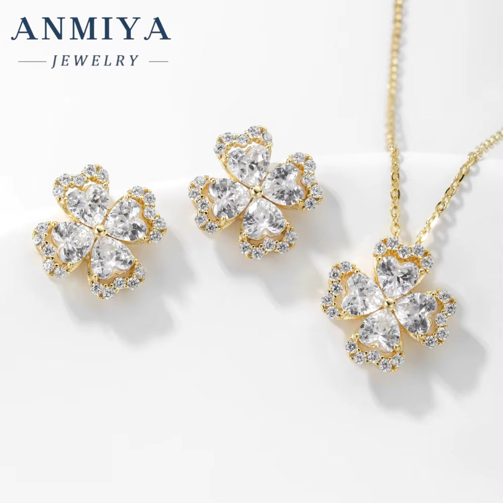 Silver Four-Leaf Clover Necklace Stud Earrings Waterproof Jewelry Four-Leaf Clover Flower Jewelry Sets