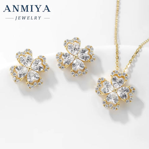 Silver Four-Leaf Clover Necklace Stud Earrings Waterproof Jewelry Four-Leaf Clover Flower Jewelry Sets
