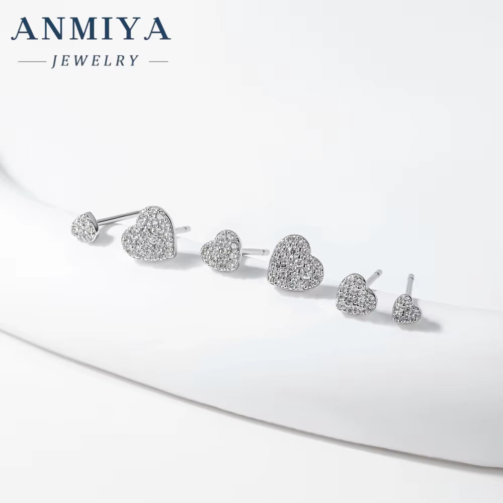 ANMIYA Cute 3 Pairs Sweet Stud Earrings Set Cubic Zircon Heart 925 Sterling Women Gift Jewelry Earrings