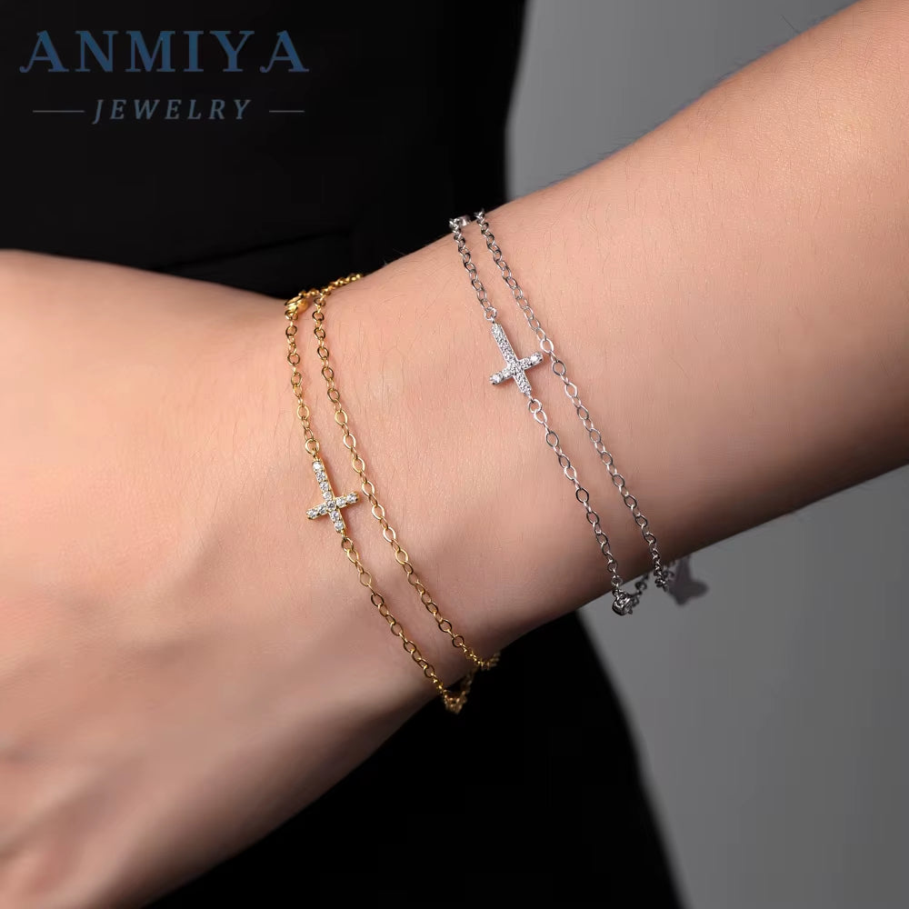 ANMIYA S925 Silver Double Link Chain Bracelet Femme Bracelets with Cross Chain