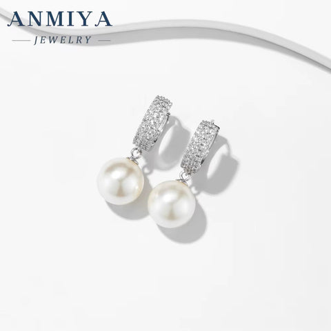 ANMIYA Designer Trendy S925 Silver Freshwater Pearl Drop Bridal Pendant Hoop Earrings