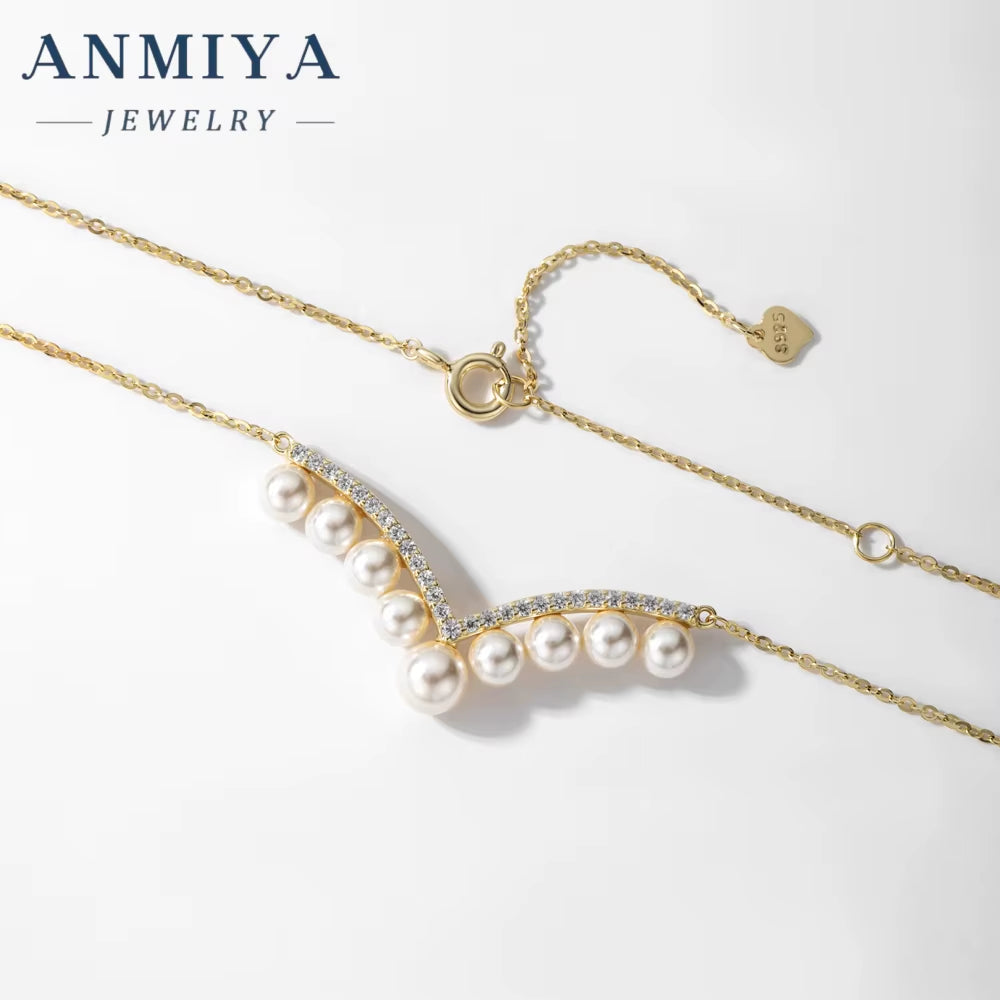 ANMIYA One-Line Shape Fresh Water Pearl Vintage Inoxidable 925 Silver 18K Collarbone Necklace