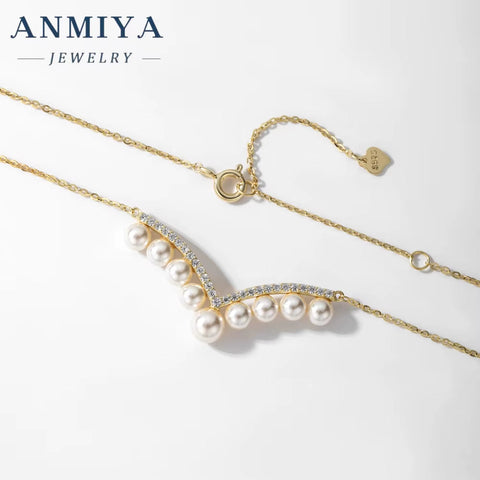 ANMIYA One-Line Shape Fresh Water Pearl Vintage Inoxidable 925 Silver 18K Collarbone Necklace