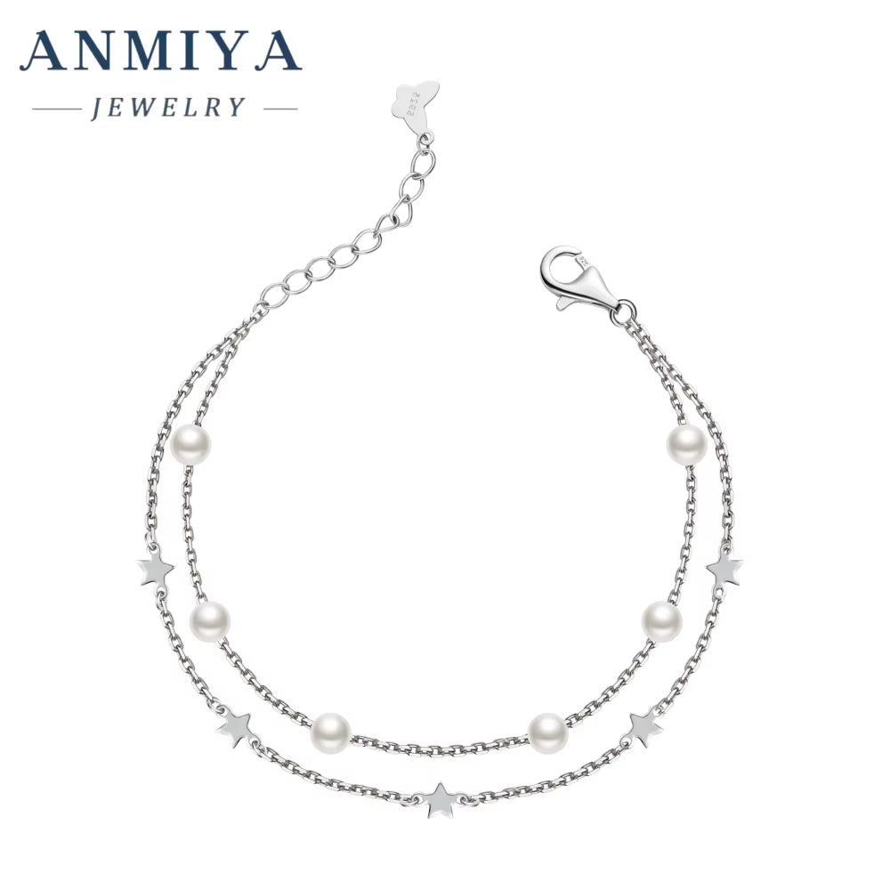 925 Sterling Silver Bracelet with Water Pearl Double Layered Adjustable Link Chain Pearl Bracelets for Women