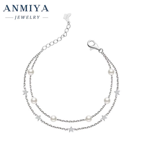 925 Sterling Silver Bracelet with Water Pearl Double Layered Adjustable Link Chain Pearl Bracelets for Women