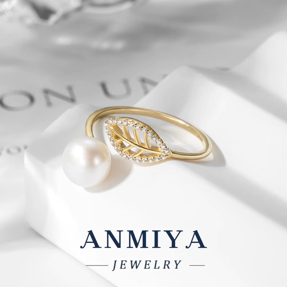 Leaf Shape Design Adjustable Open Ring 925 Sterling Silver with Pearl Bead Elegant Festival Jewelry for Wholesale