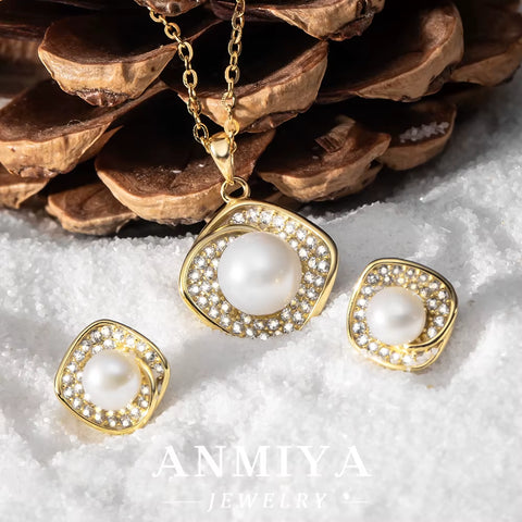 Wholesale Earrings Jewelry Freshwater Pearl with Zircon Earrings Necklace Set Pearl Collection Jewelry Set
