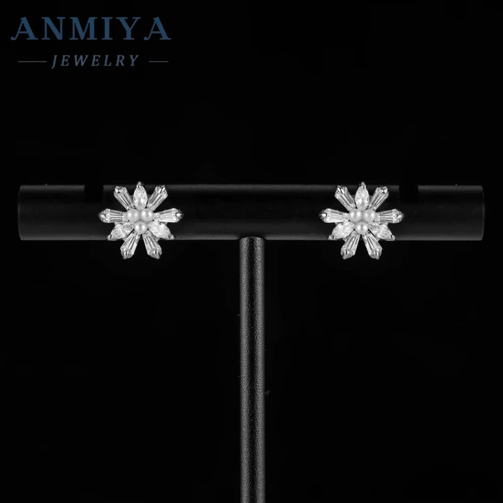 ANMIYA Wholesale Luxury Unique Elegant Small Snowflake Shape 925 Silver Sweet Earrings for Girl