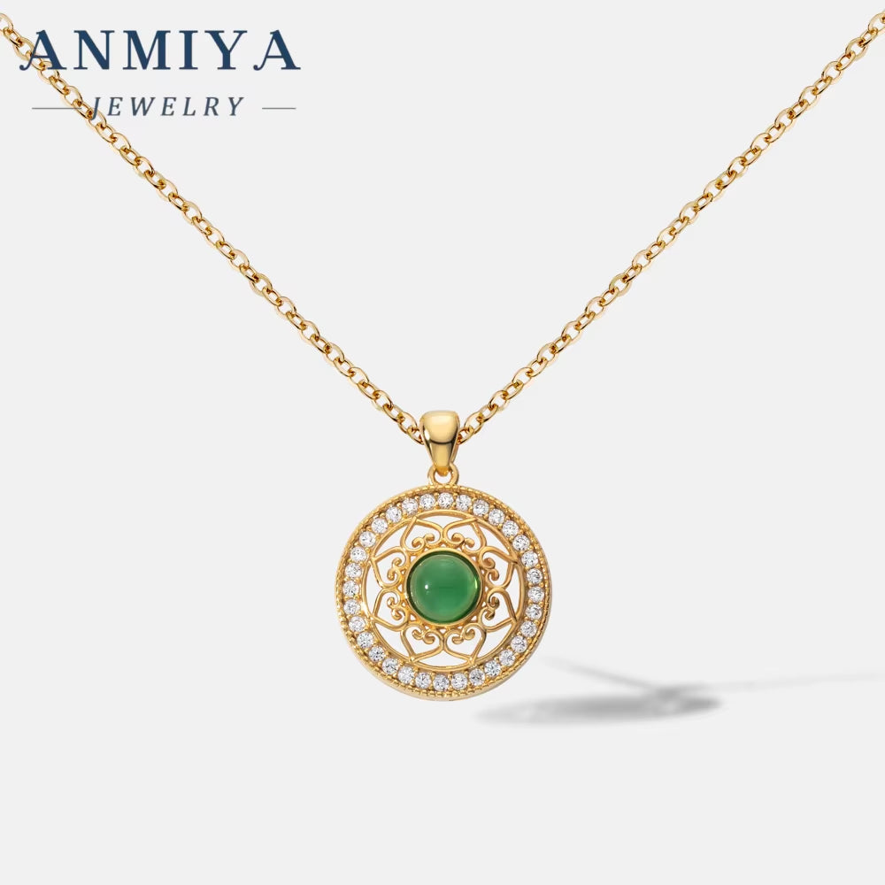 ANMIYA Hollow Flower Pattern Green Chalcedony round Shape 925 Silver 18K Gold Plated Necklace for Women