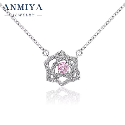 100% 925 Silver Jewelry Rose Flower Hollow Women Diamond Pendant round Brilliant Cut Necklace