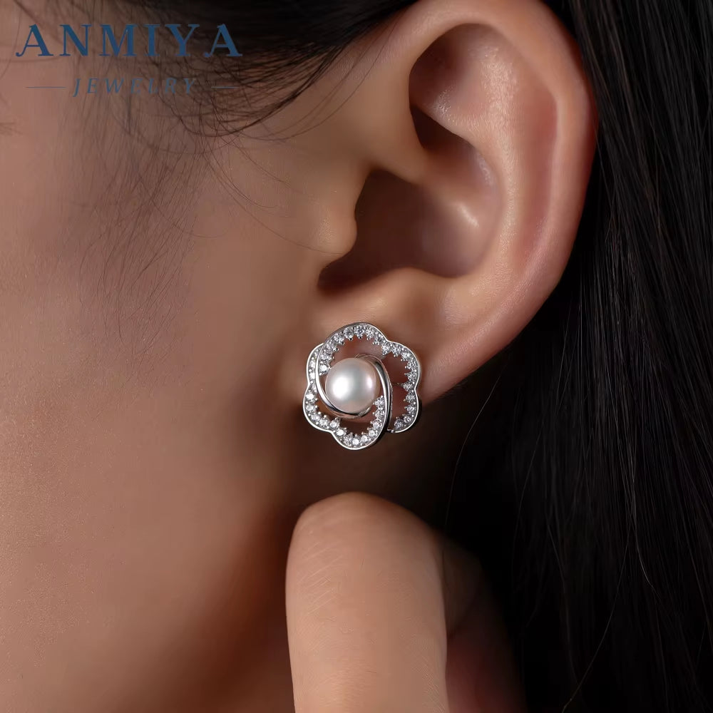 New Fashion Rose Pearl Earrings 925 Silver Women'S High-Grade Personality All-Match Rose Earrings Exaggerated Earrings