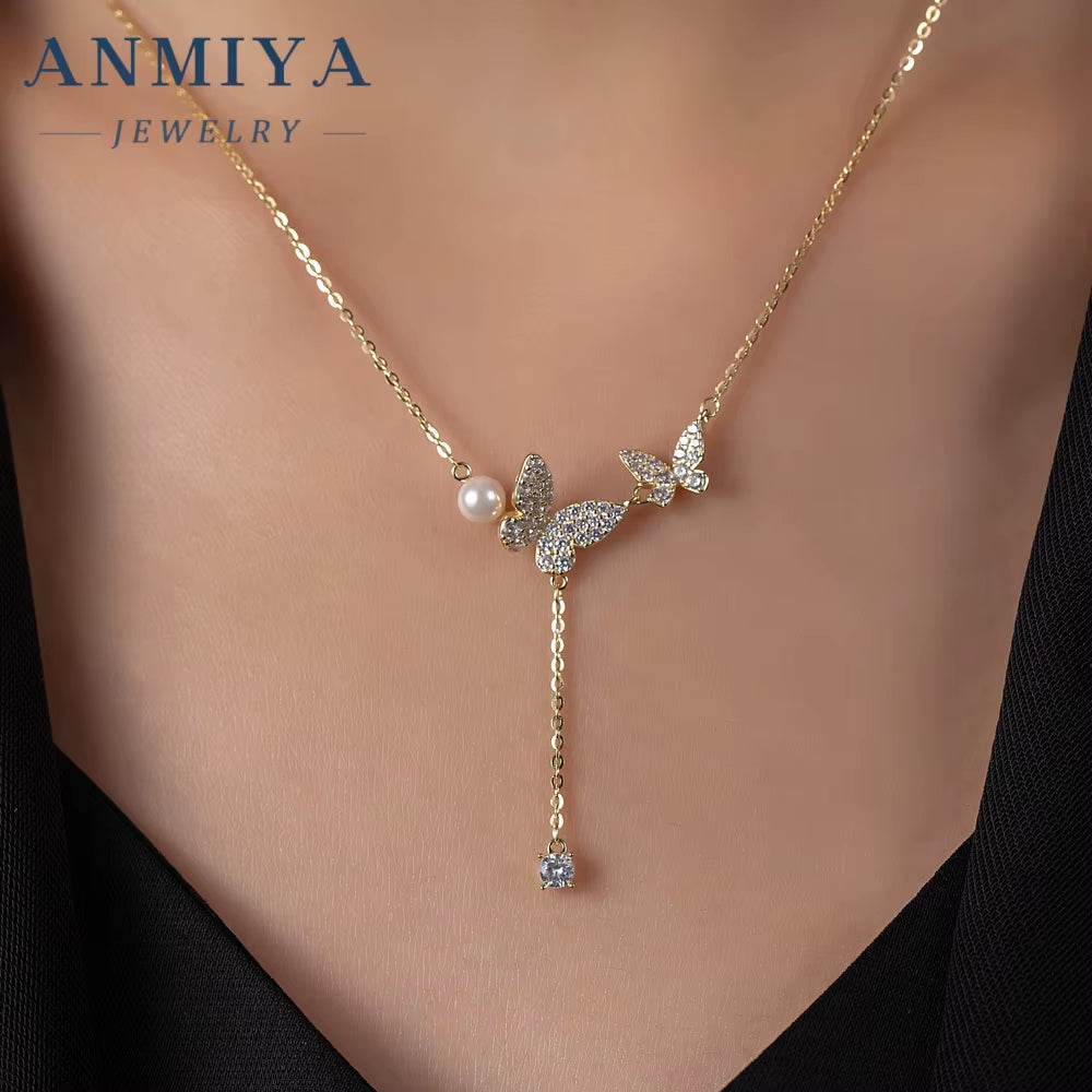 ANMIYA 925 Sterling Silver French Retro Temperament Butterfly Necklace Luxury Elegant Niche Design Versatile Collarbone Chain