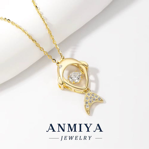 ANMIYA Custom 18K Gold Plated 925 Silver Fish Pendant with Zircon Unique Link Chain Necklace for Ladies Gift