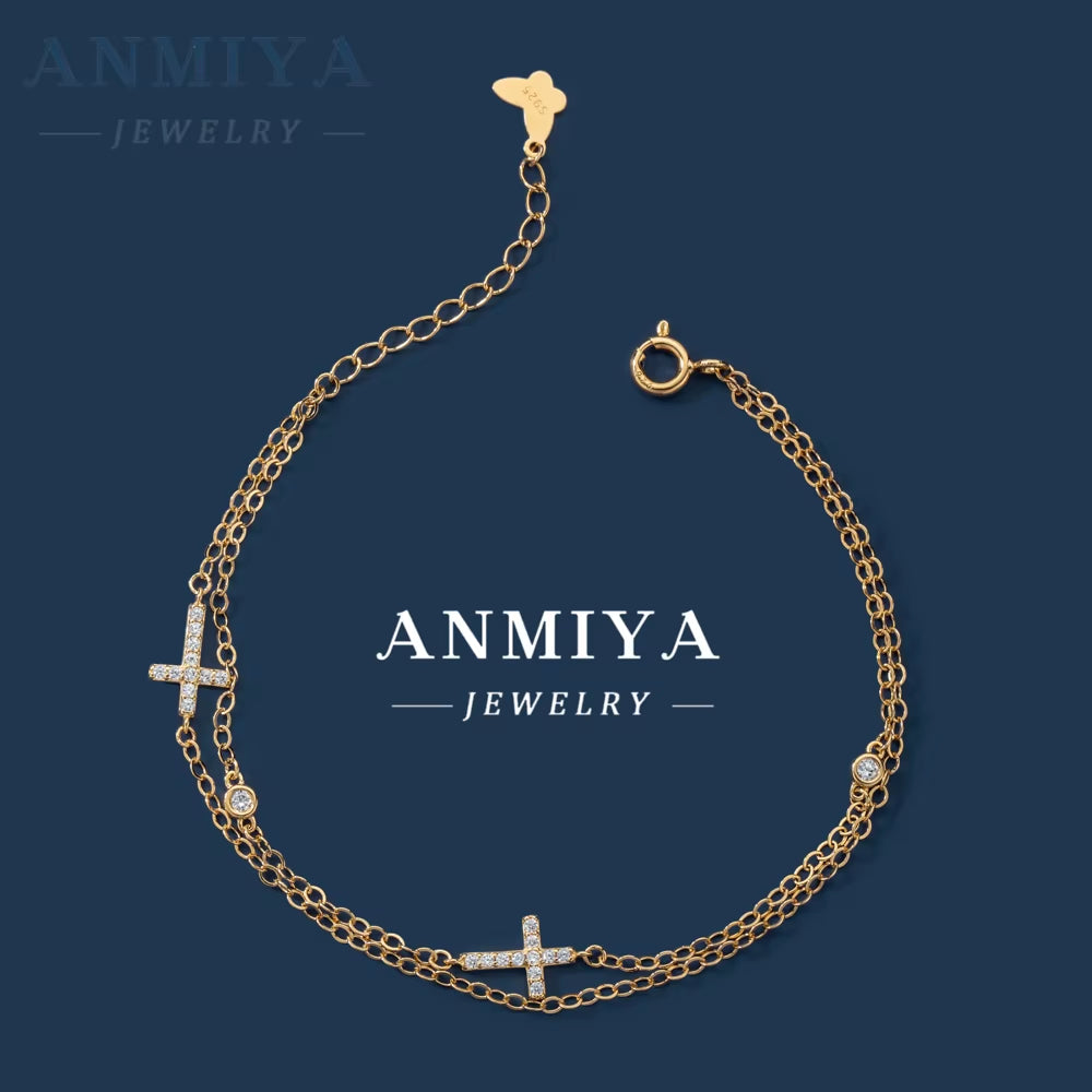 ANMIYA S925 Silver Double Link Chain Bracelet Femme Bracelets with Cross Chain