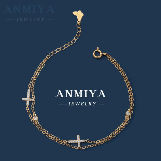 ANMIYA S925 Silver Double Link Chain Bracelet Femme Bracelets with Cross Chain