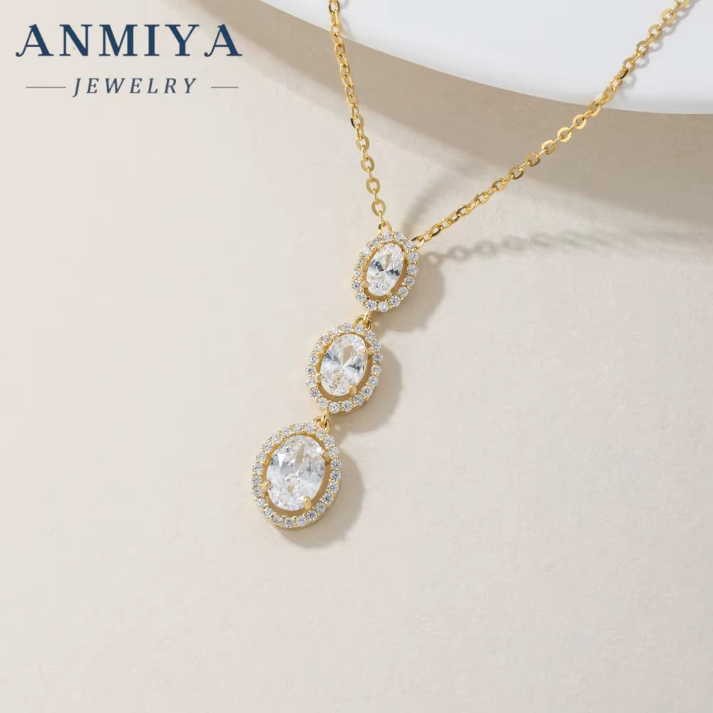 ANMIYA Fashion Jewlery Fine 925 Silver Long Oval Zircon Stone Diamond Necklace and Earrings Set for Women Ladies