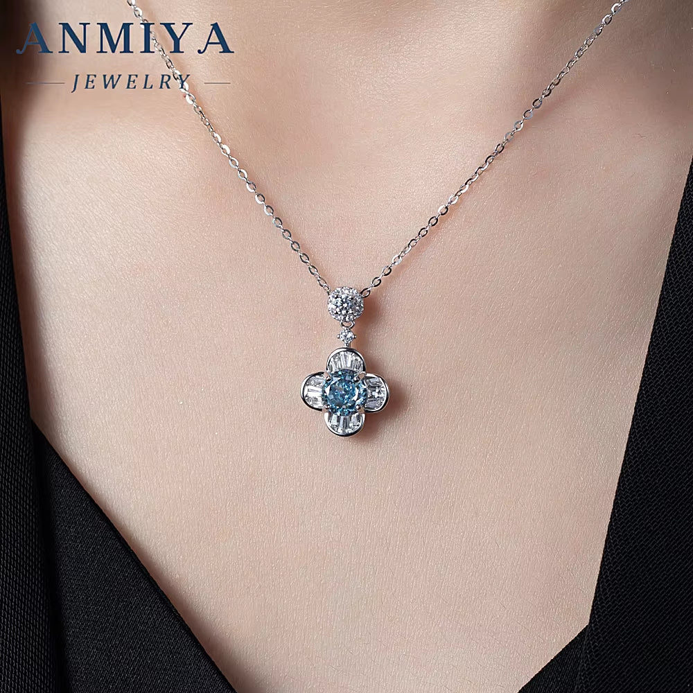 INS round Brilliant Ice Cut Zircon Flower Shape Blue Zircon 925 Silver Designer Minimalist Necklace for Women