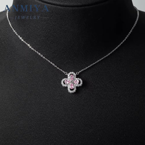 2024 New Design Pear Ice Cut Zircon Pink Four Leaf Clover Flower Shape Necklace for Women