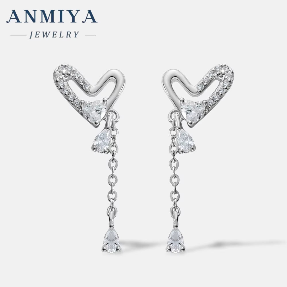 Popular 925 Silver Heart Long Tassel Zircon Rhinestone Earrings Stud Dangle Wedding Women Jewelry Earrings