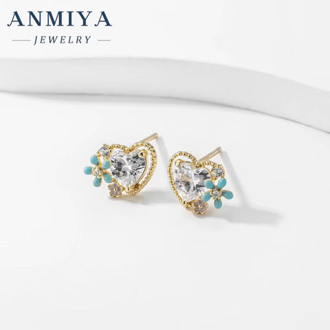 INS Hot Sales Fine Jewelry 925 Sterling Silver Big Zircon Glaring White Blue Flower Cute Girl Earrings