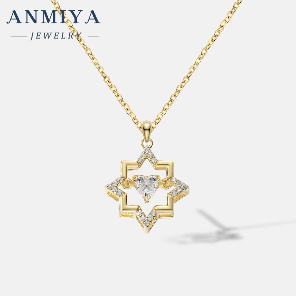 ANMIYA 925 Silver 18K Gold Plated Trendy Hollow Star with Zircon Heart Necklace Valentine'S Day Gift