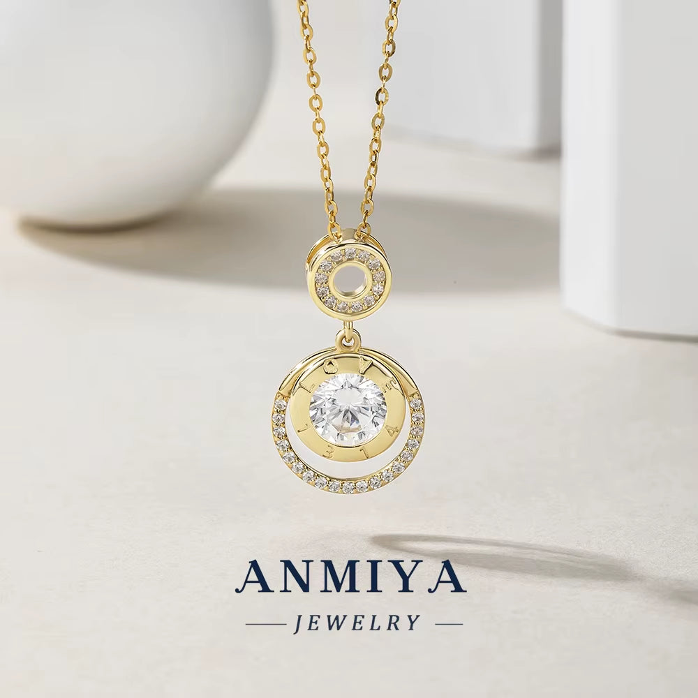 ANMIYA Custom 18K Gold Plated 925 Sterling Silver Link Chain round Brand Cubic Zirconia Pendant Necklace for Gift