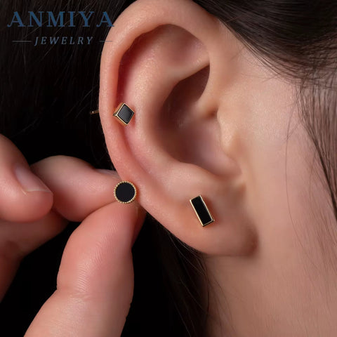 ANMIYA Geometric Shape round Squaer Black 925 Silver Vintage Piercings Stud Earrings 3 Pair for Women