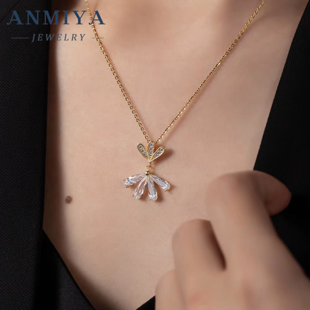 ANMIYA Fine Jewelry Statement Flower Shape Zircon 925 Sterling Silver Shiny Necklace for Women