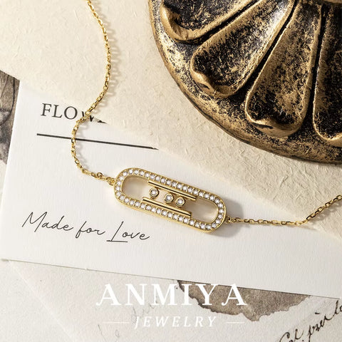 ANMIYA 925 Sterling Silver Bracelet Elegant Sliding Oval Design Sparkling Zircon Stones Perfect Necklace for Women