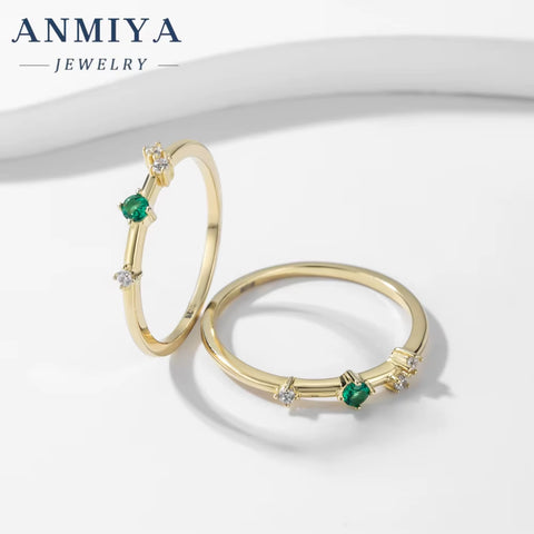 ANMIYA Waterproof Fashion 925 Sterling Silver Bling Green Cubic Zirconia Ring 18K Gold Plated Charm Jewelry