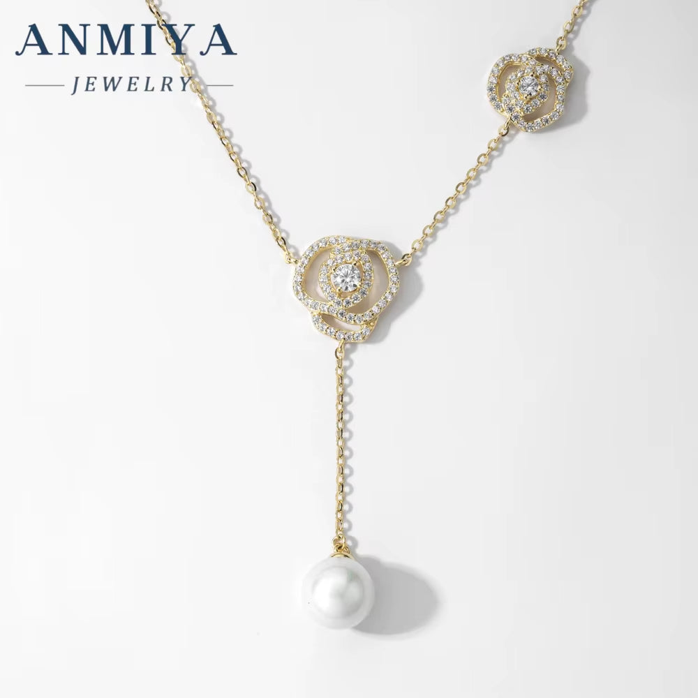 ANMIYA Minimalist New Design 18K Gold Plated Necklace Rose Flower Pendant Charm Pearl 925 Silver Necklace for Women
