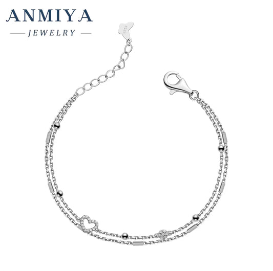Adjustable 925 Sterling Silver Double Layer Heart Bracelet for Women Fine Jewelry with Sparkling Zircon Stone Gift